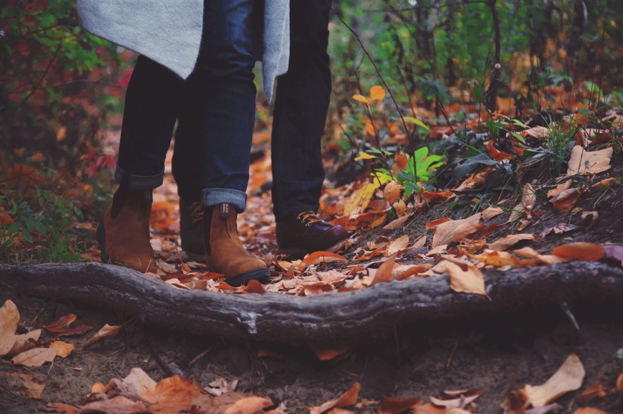 Couple walking in the woods in the fall