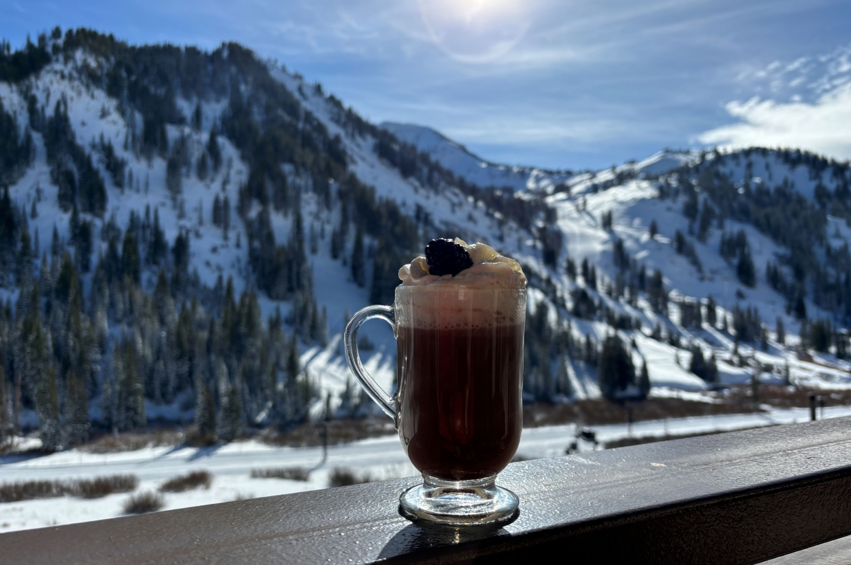 Dark cocktail on a balcony railing with a snowy mountain backdrop.