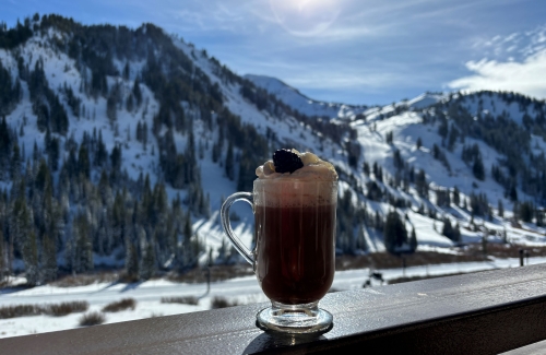 Dark cocktail on a balcony railing with a snowy mountain backdrop.