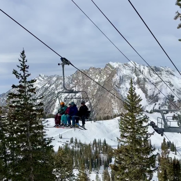Ski lift chair moving through a forest with mountains in the distance.