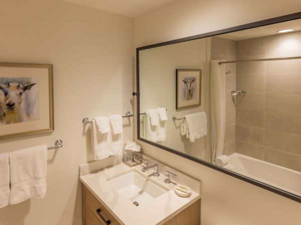 A bright hotel bathroom with a white sink vanity, towels, framed art, and a large mirror over the bathtub.