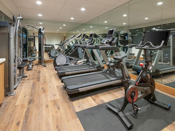 A modern gym filled with treadmills and cardio machines, with a row of elliptical/step-style equipment along the mirrored wall.