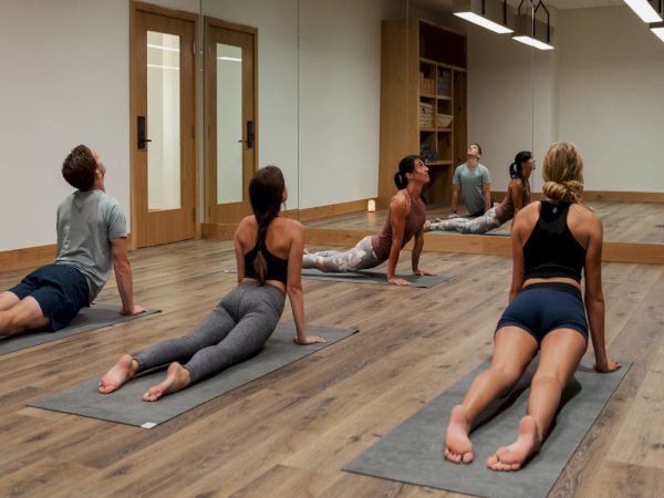 People doing yoga stretches on mats in a bright studio, guided by an instructor.