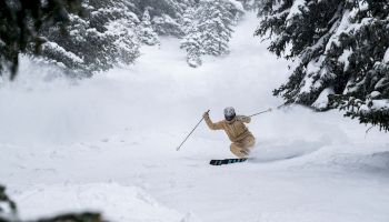 A skier in a snowy forest jumps through fresh powder between snow-covered trees.
