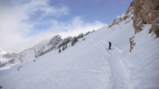 A skier carves through fresh powder on a snowy mountain slope beneath rocky cliffs and pine trees.