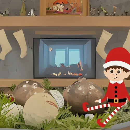 A cartoon elf in a red outfit stands amid cracked rubble, holding a striped cane as broken window art shows a room inside.