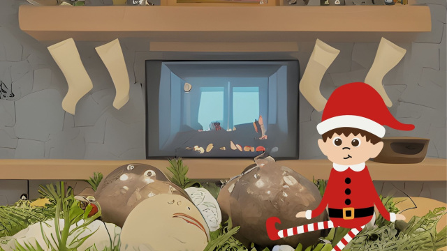 A cartoon elf in a red outfit stands amid cracked rubble, holding a striped cane as broken window art shows a room inside.